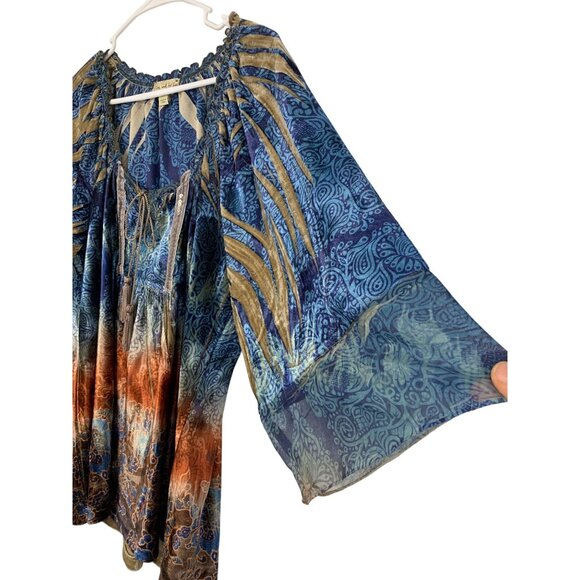 Live And Let Live Velour Peasant Top M EUC 3/4 Sleeve Stretch 8827 Boho Tassle - Picture 7 of 7